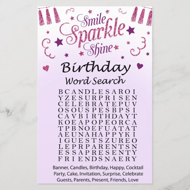 Papier Jeu de recherche de mots d'anniversaire avec paill (Devant)