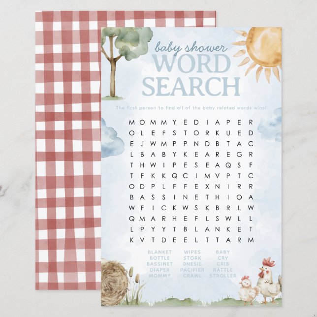 Papier Jeu de recherche de mots de Baby shower agricole (Devant / Derrière)