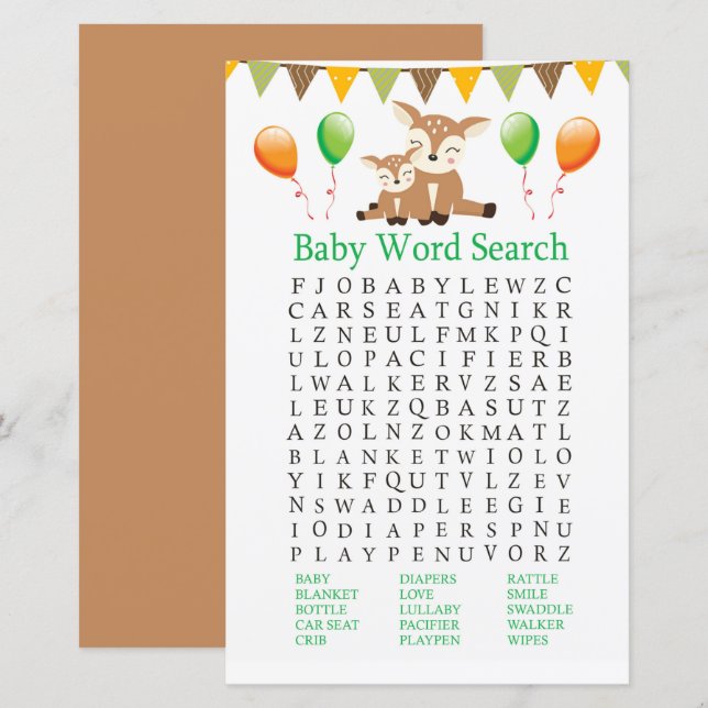 Papier Jeu de recherche de mots de Baby shower mignon (Devant / Derrière)