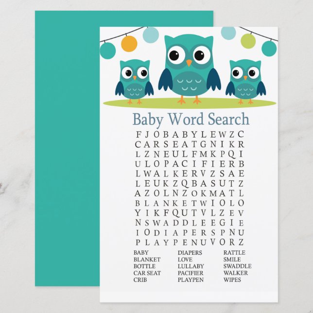 Papier Jeu de recherche de mots du Baby shower Owl (Devant / Derrière)