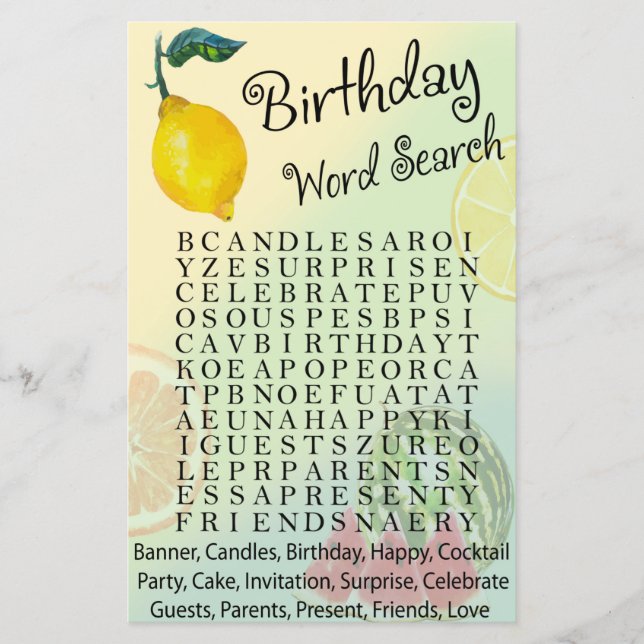 Papier Jeu de recherche de mots pour anniversaire citron (Devant)