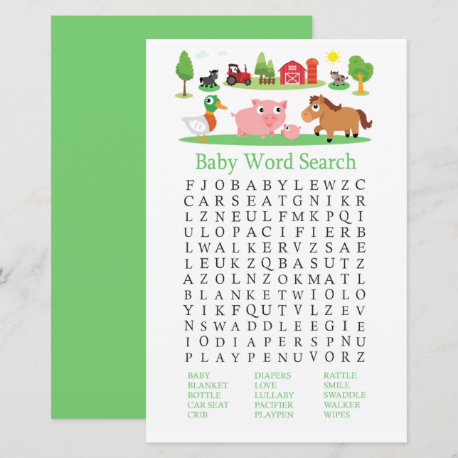 Papier Jeu de recherche de mots pour Baby Shower à la fer (Devant / Derrière)
