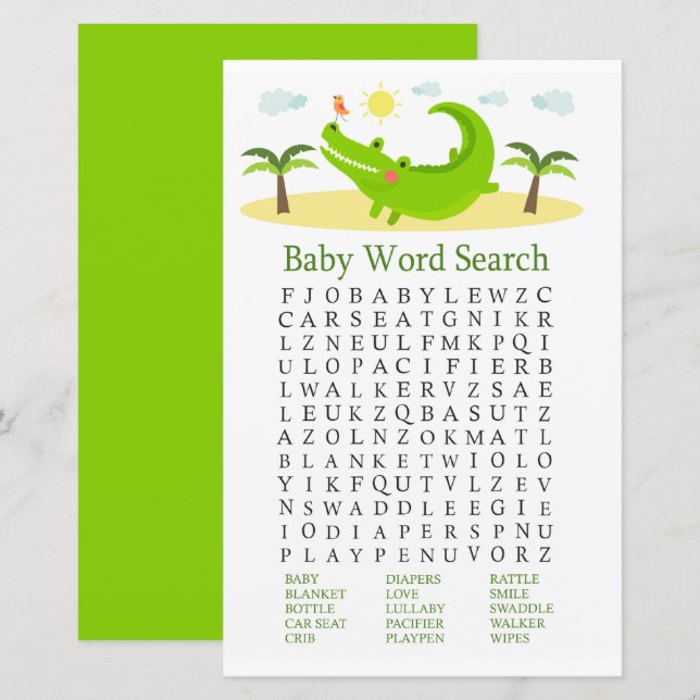 Papier Jeu de recherche de mots pour Baby Shower Alligato (Devant / Derrière)