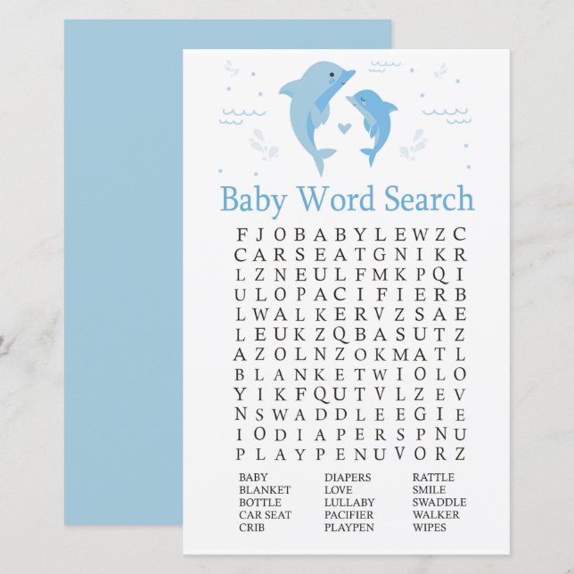 Papier Jeu de recherche de mots pour Baby Shower Dauphin  (Devant / Derrière)