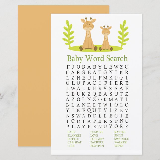 Papier Jeu de recherche de mots pour Baby Shower Girafe (Devant / Derrière)
