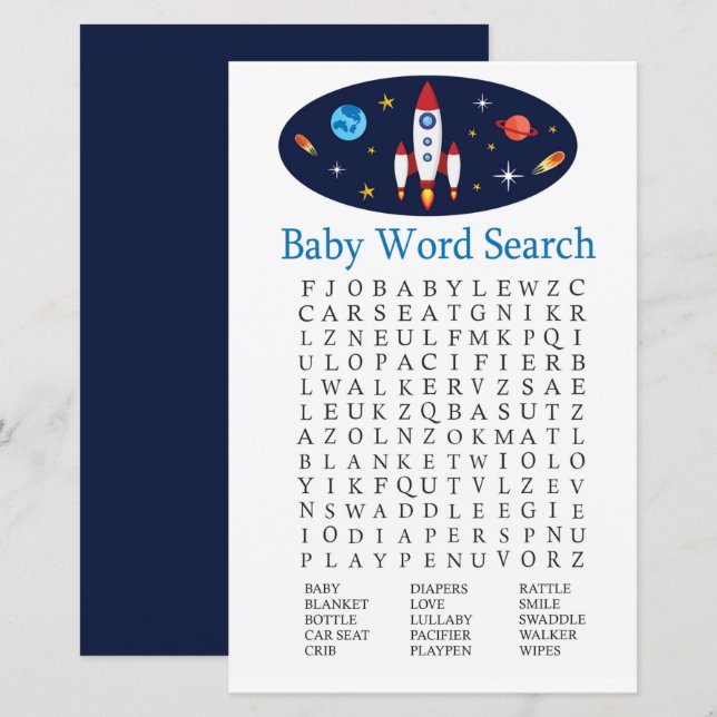 Papier Jeu de recherche de mots pour Baby Shower sur le t (Devant / Derrière)