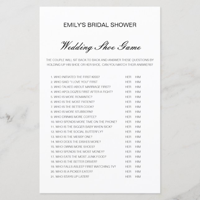 Papier Jeu de Wedding shower de chaussures Mariage modifi (Devant)