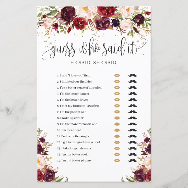 Papier Jeu devine qui a dit Marsala bordeaux floral (Devant)