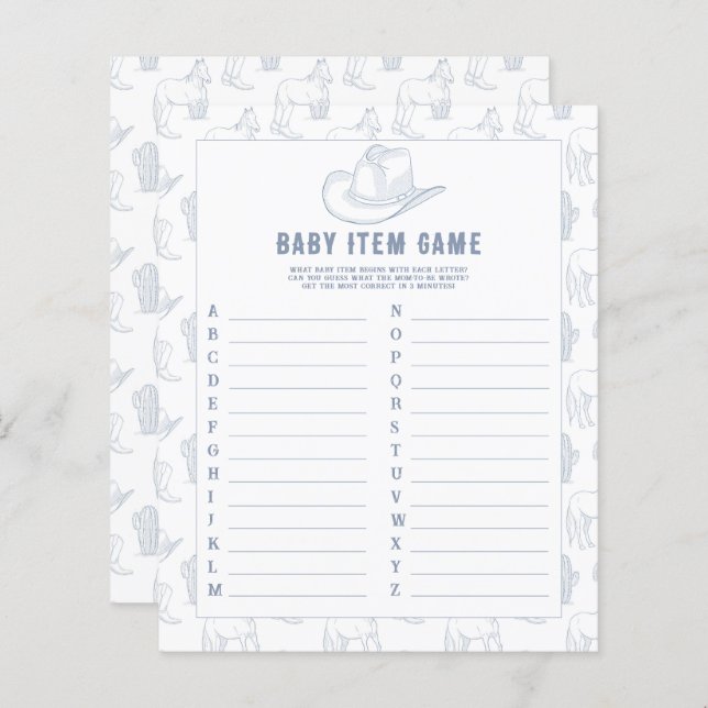 Papier Jeu d'objets pour bébé - Cowboy. Jeu de Baby Showe (Devant / Derrière)