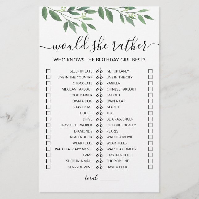 Papier Jeu éditable de 'Would She Rather' pour anniversai (Devant)