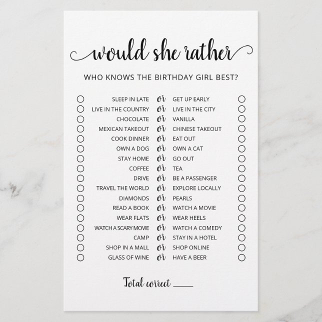 Papier Jeu éditable de 'Would she Rather' pour anniversai (Devant)