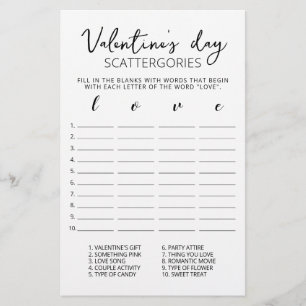 Papier jeu éditable Scattergories pour la Saint-Valentin