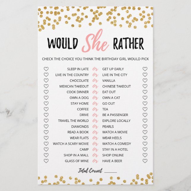 Papier Jeu éditable 'Would She Rather' pour anniversaire (Devant)