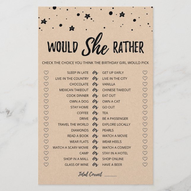 Papier Jeu éditable 'Would She Rather' pour anniversaire (Devant)