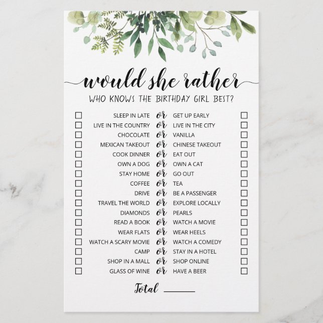 Papier Jeu éditable 'Would She Rather' pour anniversaire (Devant)