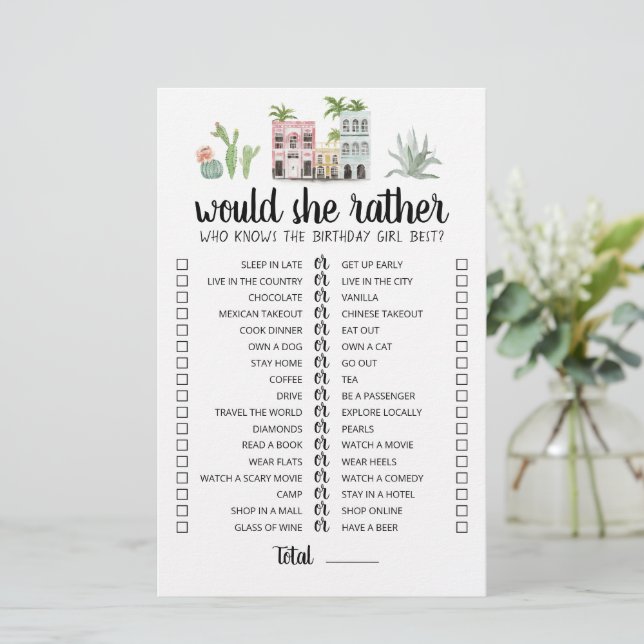 Papier Jeu éditable 'Would She Rather' pour anniversaire (Debout devant)