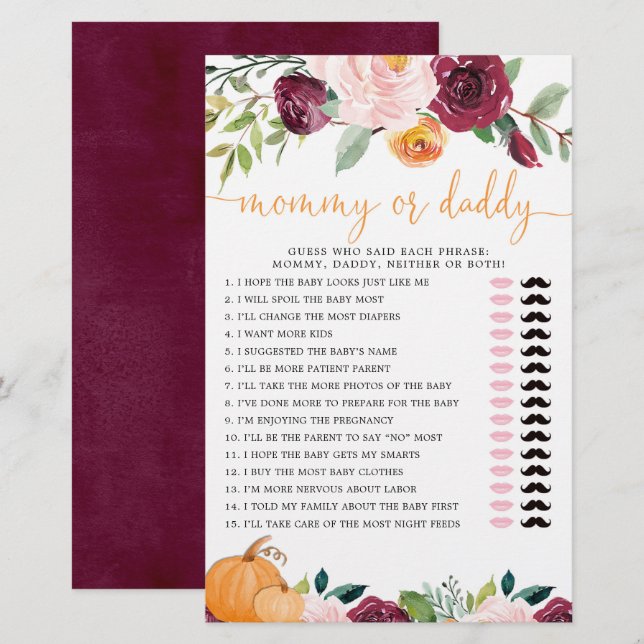 Papier Jeu maman ou papa citrouille floral automne (Devant / Derrière)