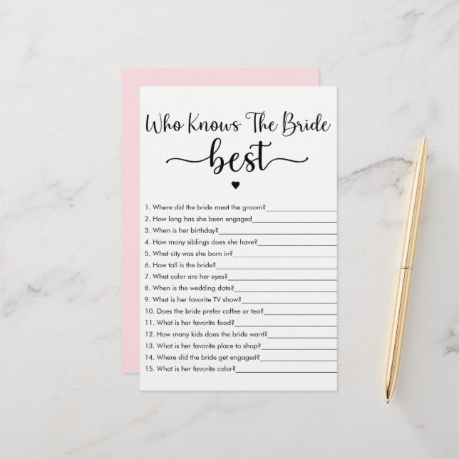 Papier Jeu Minimaliste Qui Connaît le mieux la Mariée (Devant/Arrière en situation)
