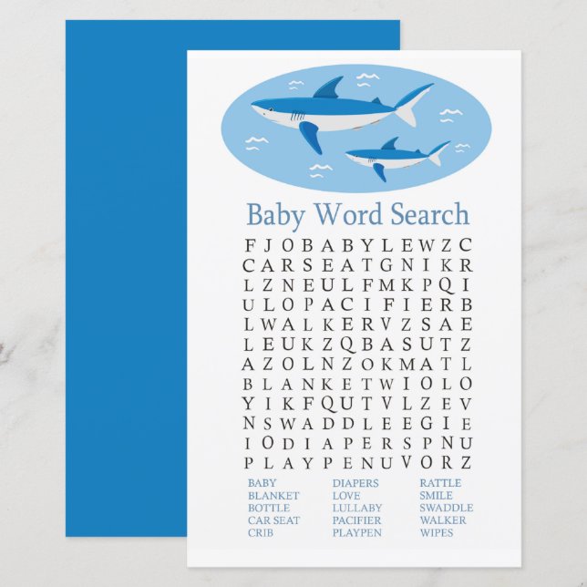 Papier Jeu Recherche Baby shower de requins (Devant / Derrière)