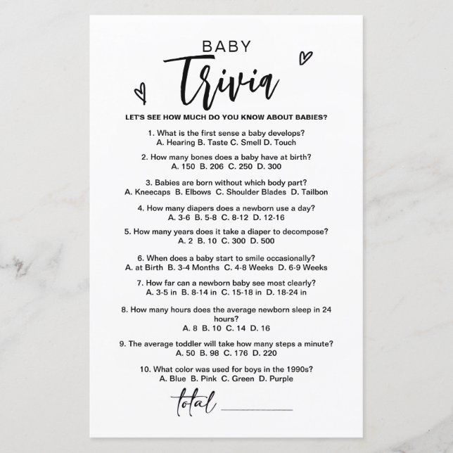 Papier Jeu Trivia bébé moderne, Jeux de Baby shower, Bébé (Devant)