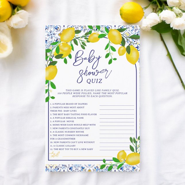 Papier Jeux de baby shower au citron aquarelle avec des c (Blue tiles watercolor lemon baby shower games)