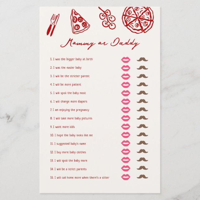Papier Jeux de Baby shower de pizza maman ou papa (Devant)