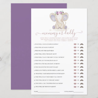 Papier Jeux de Baby Shower Fille Éléphant Maman ou Papa