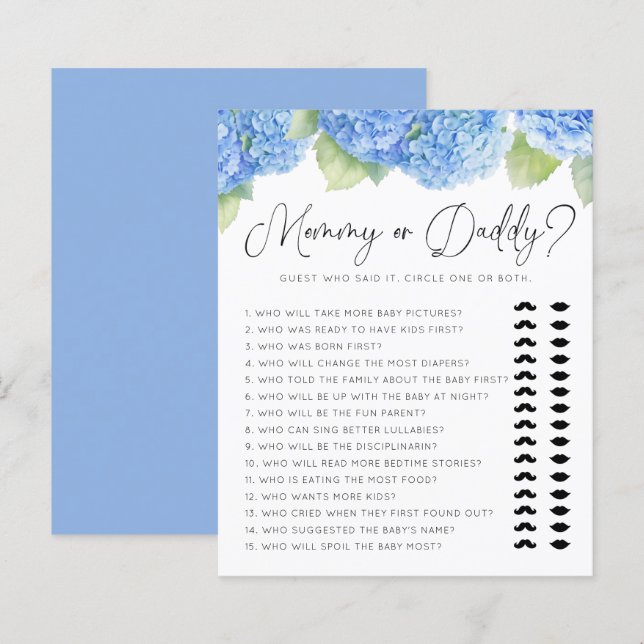 Papier Jeux de Baby Shower Maman ou Papa avec Hydrangea B (Devant / Derrière)