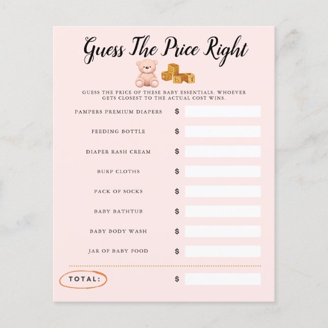 Papier Jeux de Baby Shower Ours en Peluche Rose Devinez l (Devant)
