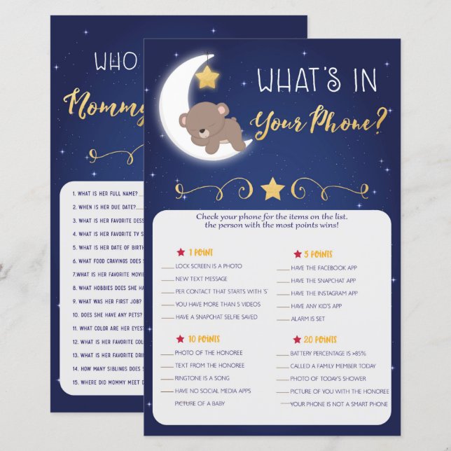 Papier Jeux de baby shower qui connaît maman, Jeux de tél (Devant / Derrière)