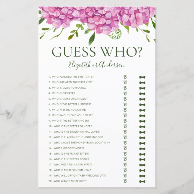 Papier Jeux de Baby Shower sur le thème de Guess Who Pink (Devant)