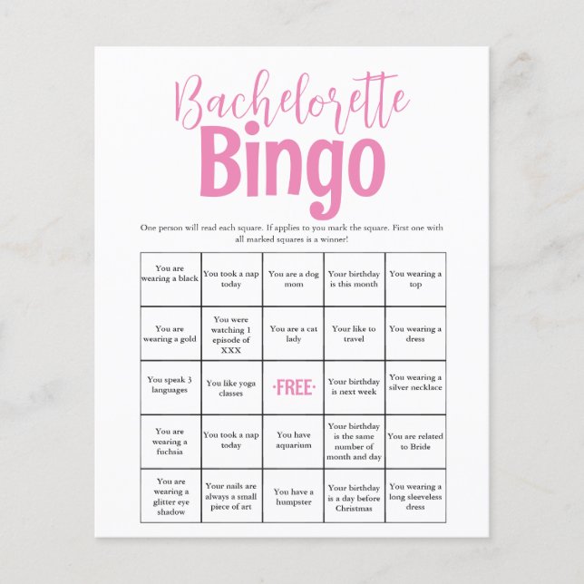 Papier Jeux de Bingo Minimal Rose Bachelorette (Devant)