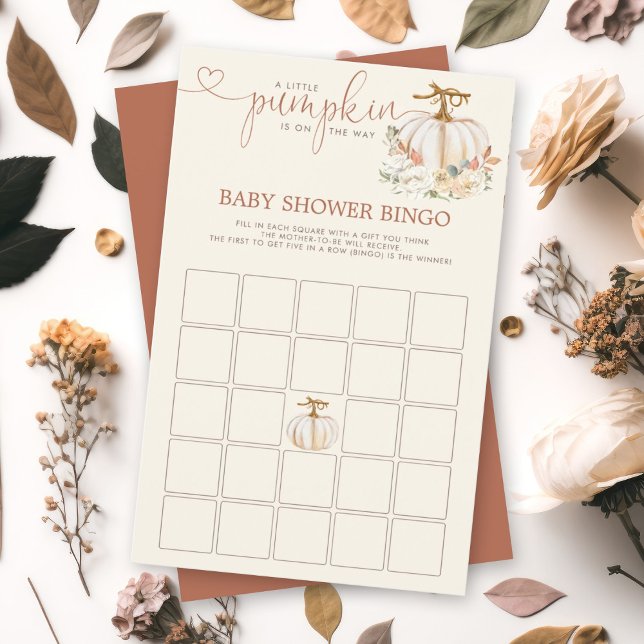 Papier Jeux de douche de Bingo Rustique petit Citrouille (A soon-to-be mom will love this watercolor autumn pumpkin floral design bingo baby shower card.)