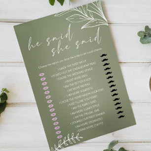 Papier Jeux de mariage Il a dit qu'elle a dit Fleurs vert