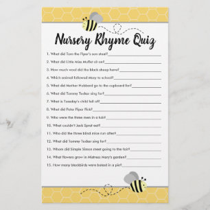 Papier Jeux de quiz de rime de berceau Bumble Bee Baby Sh