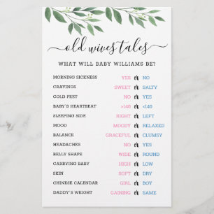 Papier Jeux de Révélation du Sexe de Bébé Old Wives Tales