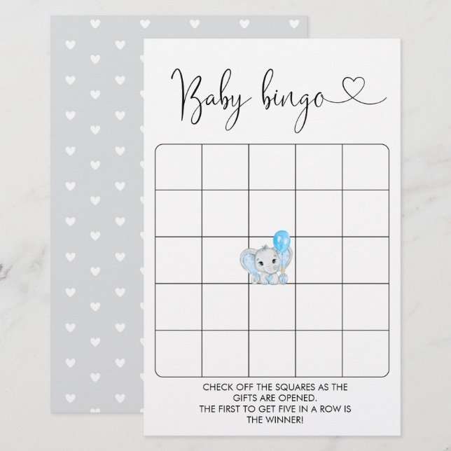 Papier Joli éléphant Baby shower de Bingo Jeu (Devant / Derrière)