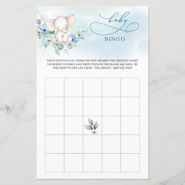 Papier Joli éléphant bleu fleurs eucalyptus bébé bingo (Devant)