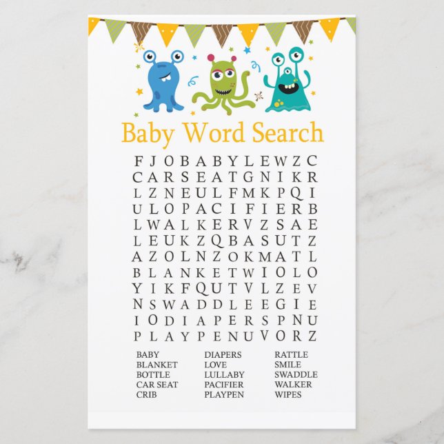 Papier Joli Petit Monstres Baby shower Mot de recherche J (Devant)