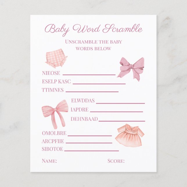 Papier Joli rose fille Baby shower Word Scramble (Devant)