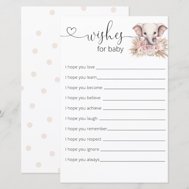 Papier Jolie Eléphant Rose Boho Girl Souhaite Pour Bébé (Devant / Derrière)