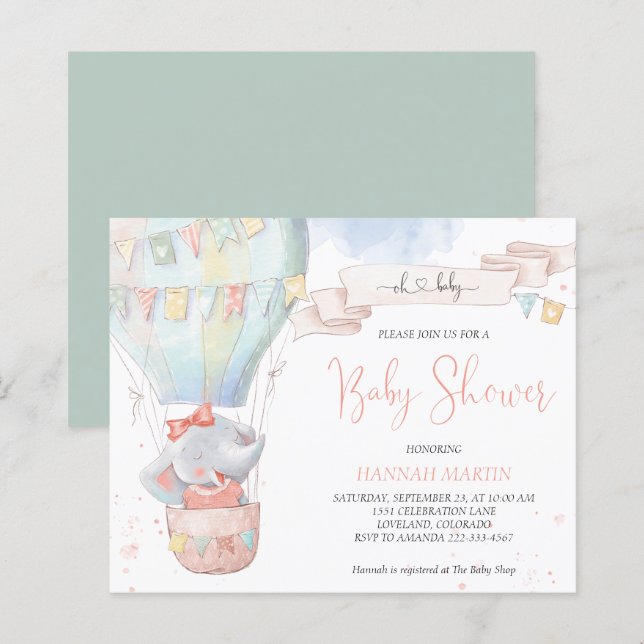 Papier Jolie Eléphante fille budget Baby shower Invitatio (Devant / Derrière)