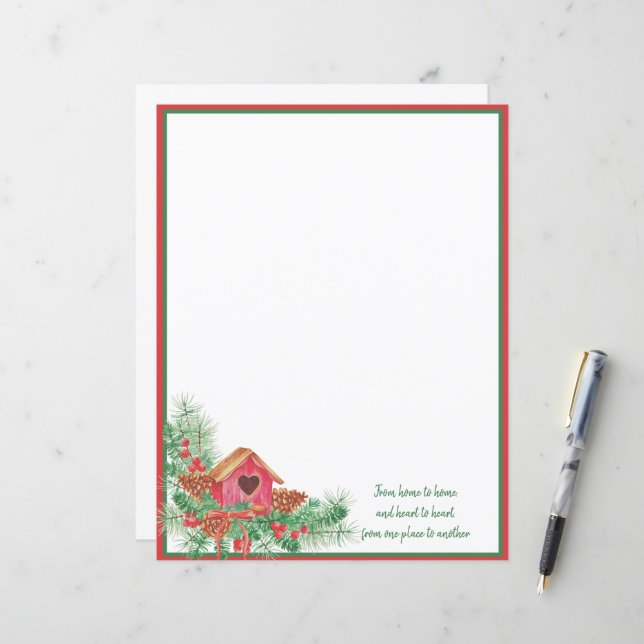 Papier Jolie maison d'oiseaux aquarelle Noël (Devant/Arrière en situation)