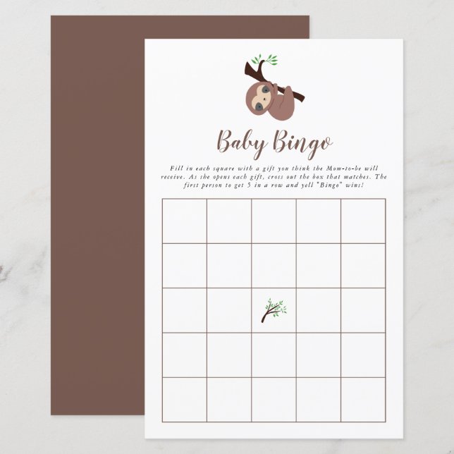 Papier Jote Sloth Baby shower Jeu Bingo Brown Kawaii (Devant / Derrière)