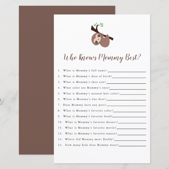 Papier Jote Sloth Baby shower Jeu Qui connaît maman Meill (Devant / Derrière)