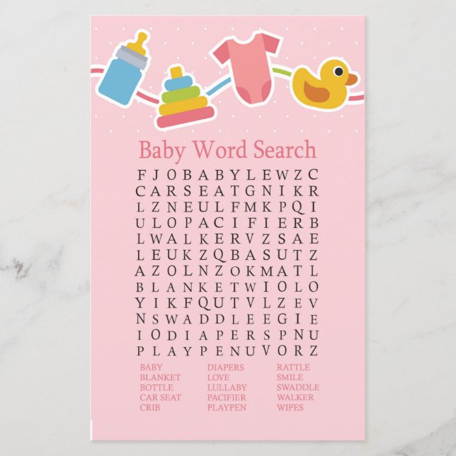 Papier Jouets pour bébés roses Baby shower Word Recherche (Devant)