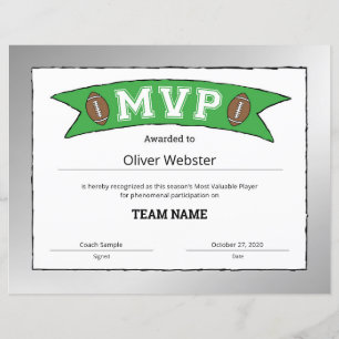 Papier Joueur MVP - Certificat MVP Football Certificat