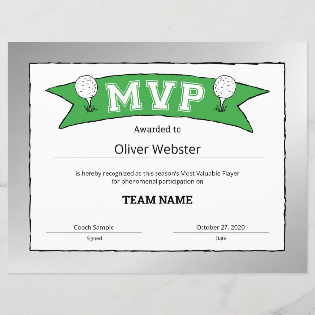 Papier Joueur MVP - Certificats MVP - Certificats de golf (Devant)