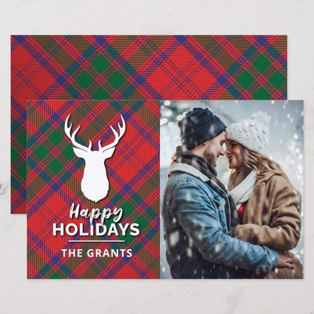 Papier Joyeuses Vacances Rouge Vert Plaid Photo Tartan (Devant / Derrière)