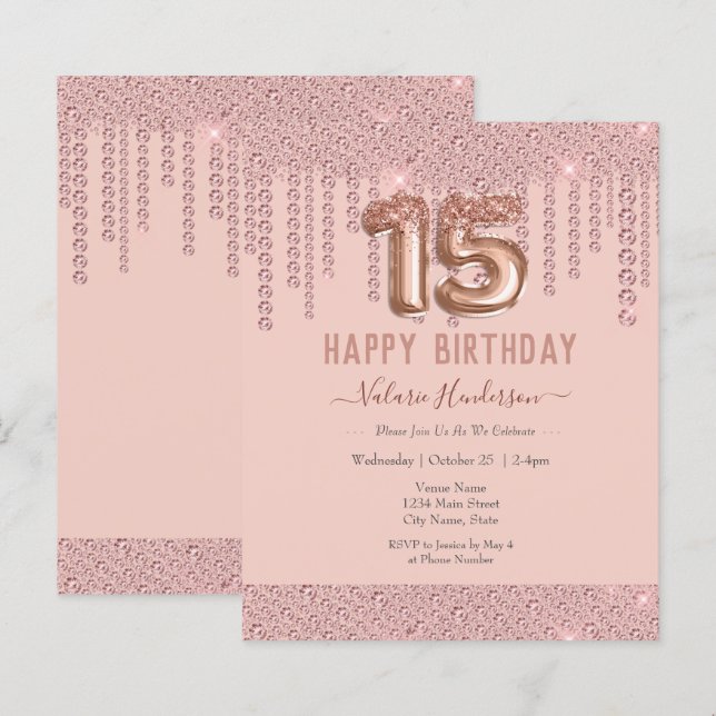 Papier Joyeux 15e anniversaire des gouttes de diamant ros (Devant / Derrière)